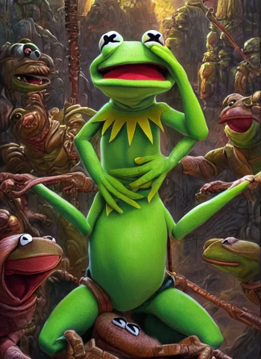 Image similar to portrait of kermit the frog in masters of the universe ( 1 9 8 7 ), highly detailed, centered, solid color background, digital painting, artstation, concept art, smooth, sharp focus, illustration, artgerm, donato giancola, joseph christian leyendecker, les edwards, ed repka, wlop, artgerm