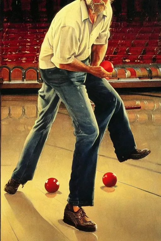 Image similar to Jeff Bridges from the movie The big Lebowski playing bowling painted by Norman Rockwell