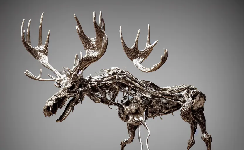 Image similar to stylized shiny polished silver statue full body extra limbs bizarre cosmic horror quadruped animal moose deer skull four legs made of marble of slug creature tendrils, perfect symmetrical body, perfect symmetrical face, hyper realistic, hyper detailed, by johannen voss, by michelangelo, octane render, blender, 8 k, displayed in pure white studio room medical render red veins