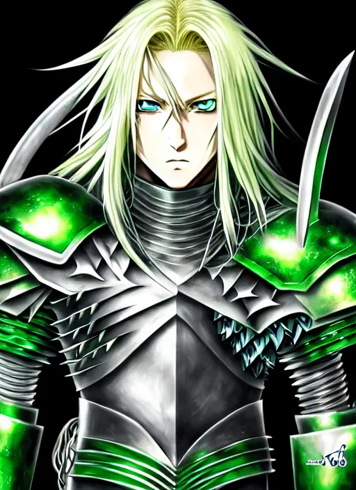 Prompt: a detailed anime full body portrait of a male warrior with long blonde hair and blue eyes wearing evil green spiked cyberpunk armour by hirohiko araki, detailed artwork, realism, 4 k resolution, detailed, high quality, sharp focus, hq artwork, insane detail, volumetric lighting, character concept art, fine details, clear subject, central subject