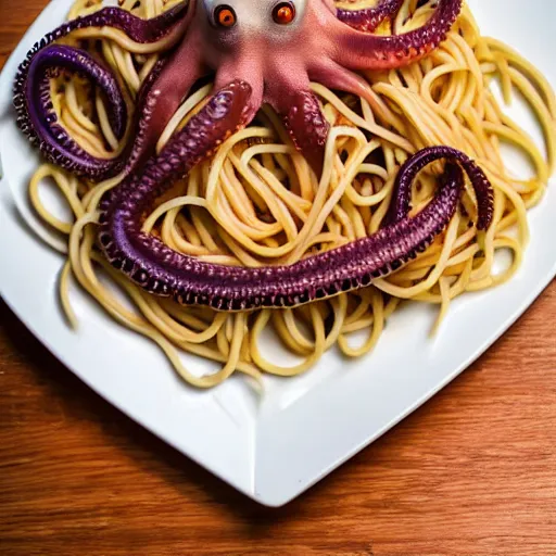 Image similar to an octopus on top of a plate of spaghetti, professional photography