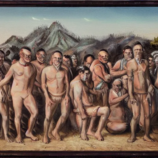 Image similar to A painting of a group of white skinned tribespeople.