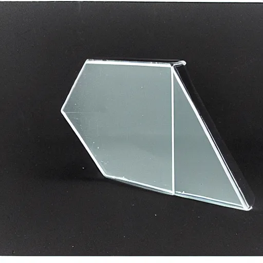 Prompt: black background, a glass prism triangle splitting white light, 1970s