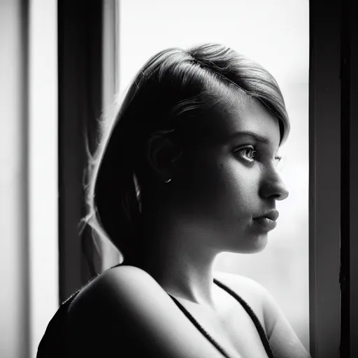 Prompt: black and white fashion photography portrait of a beautiful depressed Woman with detailed face standing by the window, natural light, film grain, soft vignette, sigma 85mm f/1.4 1/10 sec shutter