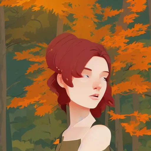 Image similar to a beautiful young woman with red hair hiking through an autumnal forest, clean cel shaded vector art. shutterstock. behance hd by lois van baarle, artgerm, helen huang, by makoto shinkai and ilya kuvshinov, rossdraws, illustration, art by ilya kuvshinov