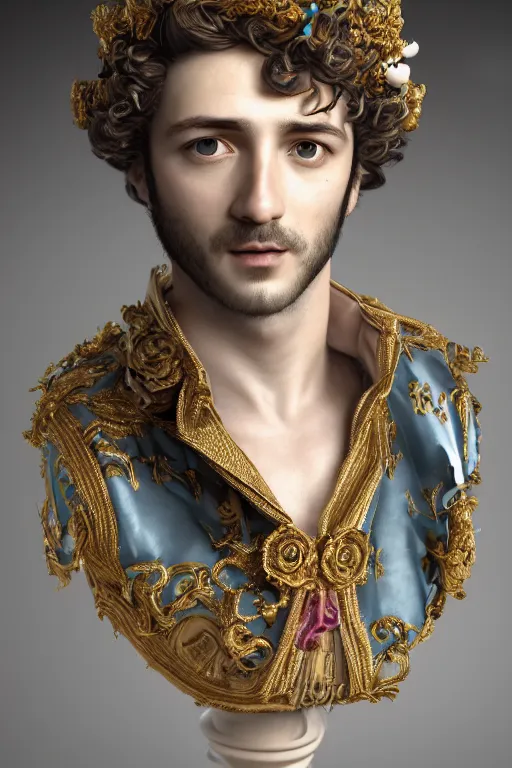 Prompt: a realistic porcelain full-head rococo style bust of handsome young Spanish prince a faded style haircut and a crown made of colored pipecleaners, suspended in outer space, photorealism, octane render, depth of field, 8k, 35mm, artgem, Trending on artstation