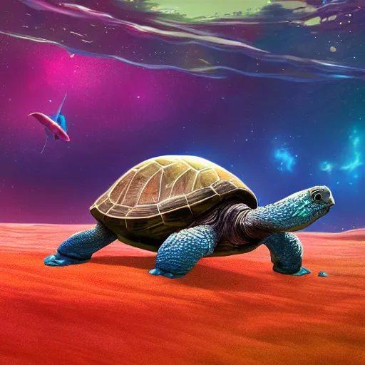 Image similar to giant turtle in space, giant turtle inside water, turtle glacier, 3 d render, high quality image, turtle world, waterbodies, soft, concept art, intricate details, highly detailed, colorful, photorealistic, disney pixar, octane render, iridescent, anime, 8 k