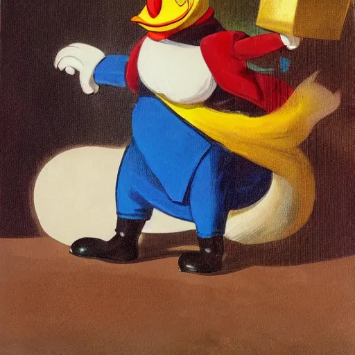 Image similar to Scrooge McDuck from the Duck Tales in blue costume standing on a mountain of gold and holding a cane, view from below, full body portrait, oil painting, highly detailed