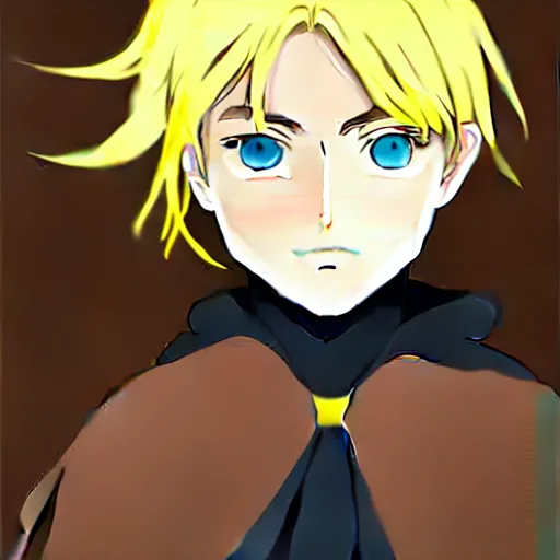 Image similar to blonde boy with yellow eyes wearing a brown cape in the style of studio ghibli, anime, artgerm