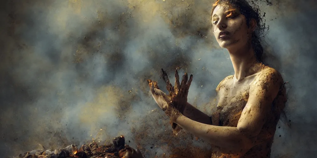 Image similar to highly detailed photography of a woman made of rust clay and embers, rocks, fire, hand gesture, sharp focus, dust particles, dirt, dramatic scene, aesthetic, dynamic lighting, elegant, harmony, masterpiece, by roberto ferri, blue background, high quality, spatula