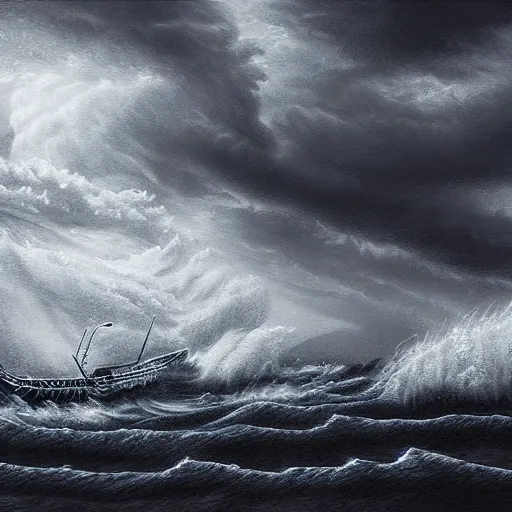 Prompt: an insanely detailed digital painting of a boat in a harsh storm, by kentaro miura, hyper-detailed