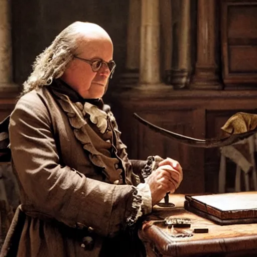 Image similar to movie still of benjamin franklin in pirates of the caribbean