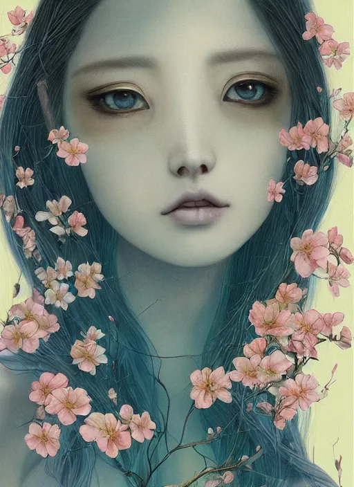 Prompt: breathtaking Female Portrait by Miho Hirano, Hsiao-Ron Cheng, James jean, Hayao Miyazaki, realistic, detailed, blue, green tonalities, beautiful collage technique including flora, branches, birds, butterflies, ornate background, beautiful Fantasy detailed trending on artstation, oil painting,Dramatic lighting, eterea , high quality print, fine art with subtle redshift rendering