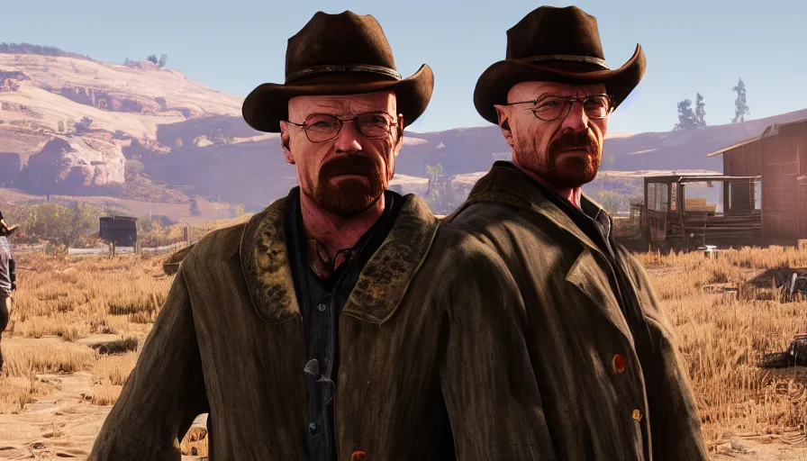 Prompt: Walter White and Jesse Pinkman in Red Dead Redemption 2, hyperdetailed, artstation, cgsociety, 8k