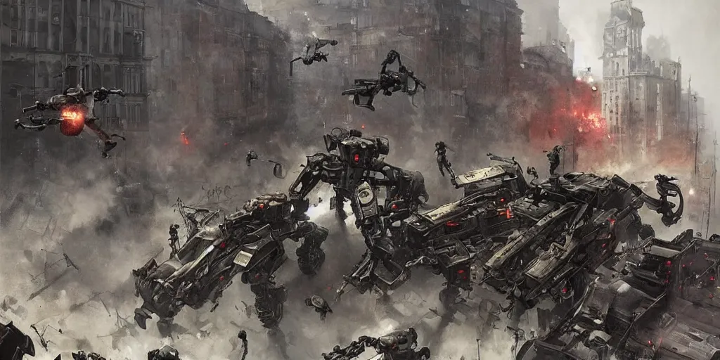 Image similar to spider robots terrorise streets of weimar berlin and attack freikorps soldiers and civilians, detailed painting, intense heavy street battle, bullet hell, pile of bodies, art by greg rutkowski and jakub rozalski