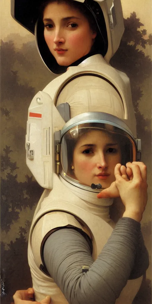 Image similar to portrait of a woman in astronaut helmets an ancient human species, by bouguereau