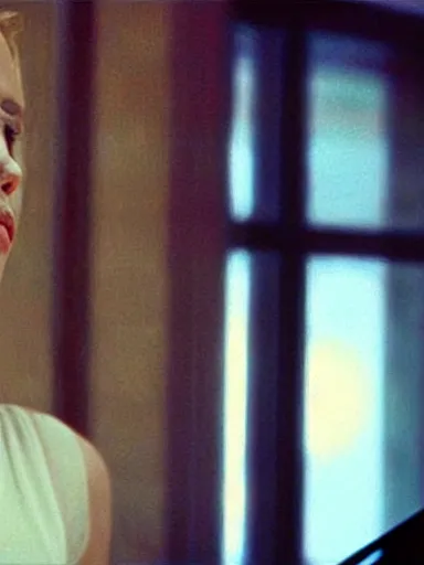 Image similar to “ scarlett johansson waiting in the bathroom line, movie screenshot, cinematic, epic, dramatic ”