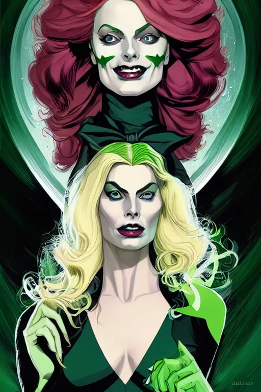 Image similar to Wicked witch of the west margot robbie, style of Joshua Middleton comic book art Nick Dragotta comic art, black and green eyes, symmetrical face, symmetrical eyes, scary smile, full body, dark green dress