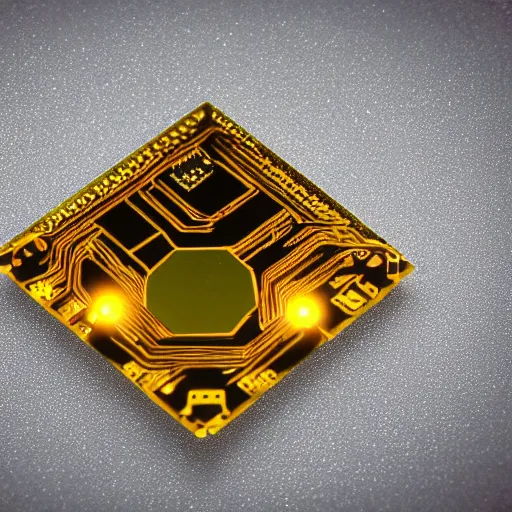 Image similar to magic golden computer chip with a glowing flat crystal in the center, product photo, macro, trending on artstation