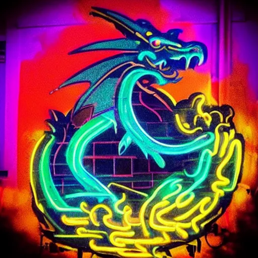 Image similar to “fire breathing dragon, neon graffiti, vivid colours”