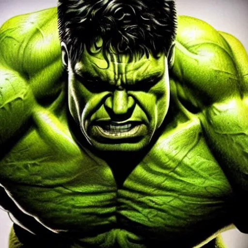 Image similar to ultra realistic detailed pen drawing of the incredible hulk face, eric bana, marvel cinematic universe, dramatic lighting, fine texture, fine hair strands, green skin, photo realism