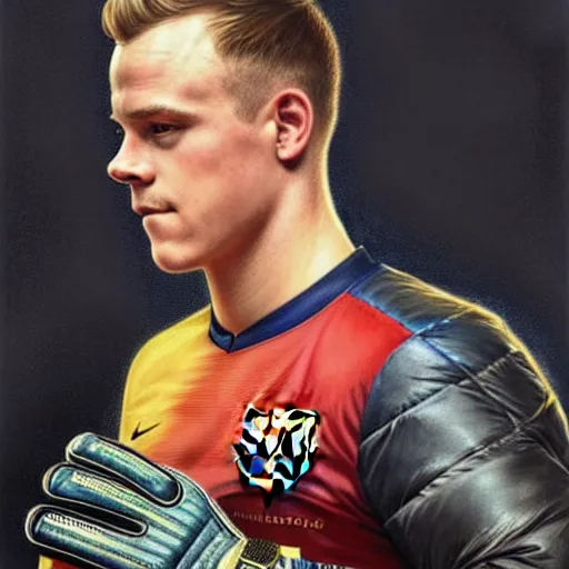 Image similar to Ter Stegen holding a bomb in his gloves, Barcelona and Germany goalkeeper, D&D, fantasy, intricate, elegant, highly detailed, digital painting, artstation, concept art, matte, sharp focus, illustration, art by Artgerm and Greg Rutkowski and Alphonse Mucha