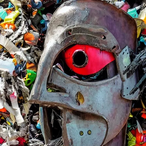 Image similar to a close up of a sculpture of a person wearing a chainsaw mask, an abstract sculpture by John Chamberlain, pinterest contest winner, toyism, made of trash, made of feathers, made of plastic