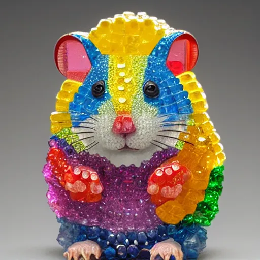 Prompt: rainbow hamster made out of large gems and crystals, sculpture, 8 k hd