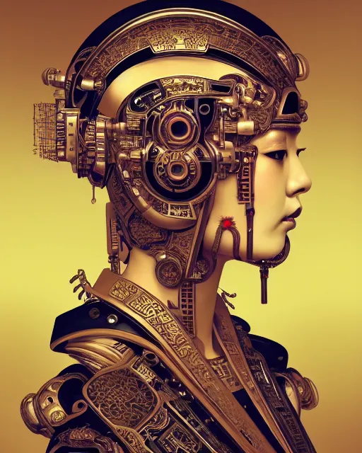 Image similar to portrait of a cyberpunk machine, machine face, upper half portrait, decorated with chinese opera motifs, asian, fine china, traditional chinese art, intricate, elegant, highly detailed, symmetry, headpiece, digital painting, artstation, concept art, smooth, sharp focus, illustration, art by artgerm and greg rutkowski and alphonse mucha, 8 k