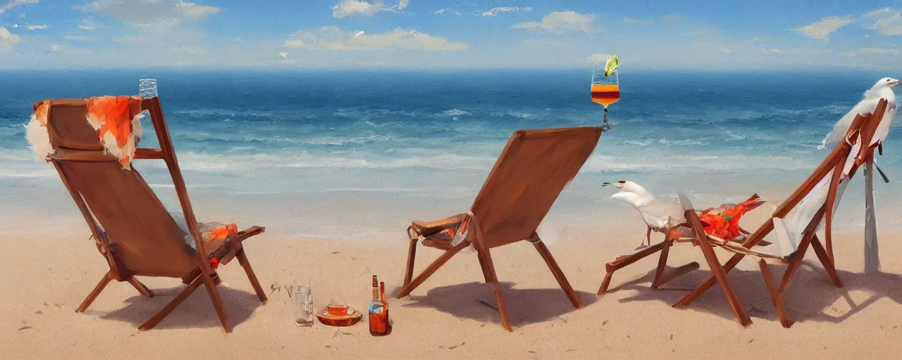 Image similar to an anthropomorphised seagull relaxing on a deck chair on the beach with a margarita in his hand, 4 k, digital illustration, artstation, greg rutkowski, concept art