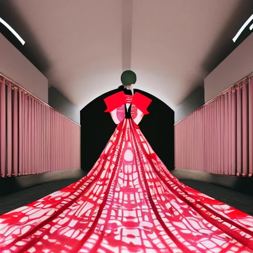 Image similar to innovative avant-garde art, deco fashion, japanese women, met gala theme, highly detailed, photorealistic portrait, serene red carpet setting, night hour, camera flash lights, crisp quality and light reflections, unreal engine 5 quality render