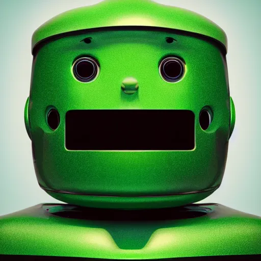 Image similar to adorable green robot, glossy render, symmetrical face, symmetrical eyes, rendered with octane, unity 5, 3 0 9 0 ti, portrait, great lighting, close up