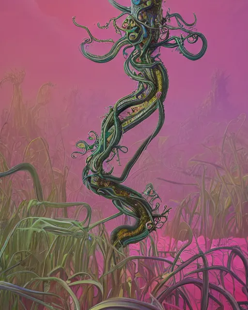 Image similar to scientific botanical illustration of beautiful alien plants with glowing parts, with slimy tentacles, trending on artstation, by james jean and simon stalenhag and zdzisław beksinski, hyper realistic, raytracing, rendering, synthwave color scheme