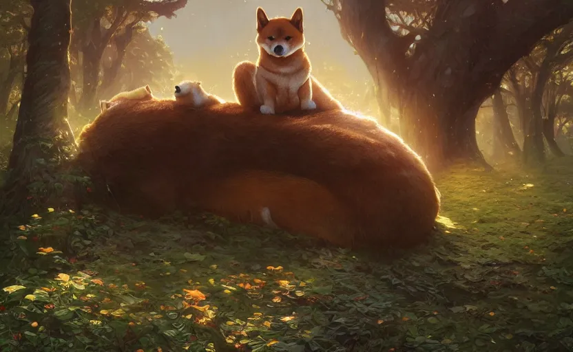 Prompt: Highly detailed portrait of shiba sitting on a bear, Stephen Bliss, unreal engine, fantasy art by Greg Rutkowski, Loish, Rhads, ferdinand knab, Makoto Shinkai and Lois van baarle, ilya kuvshinov, rossdraws, Tom Bagshaw, alphonse mucha, global illumination, radiant light, detailed and intricate environment