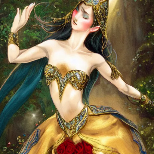 Image similar to jaw - dropping elven princess elegantly dancing in front of a ring of sapphire rose ring, ornate gold border, vignette, warm tri - color, subtle chromatic aberration, painted by francis goya