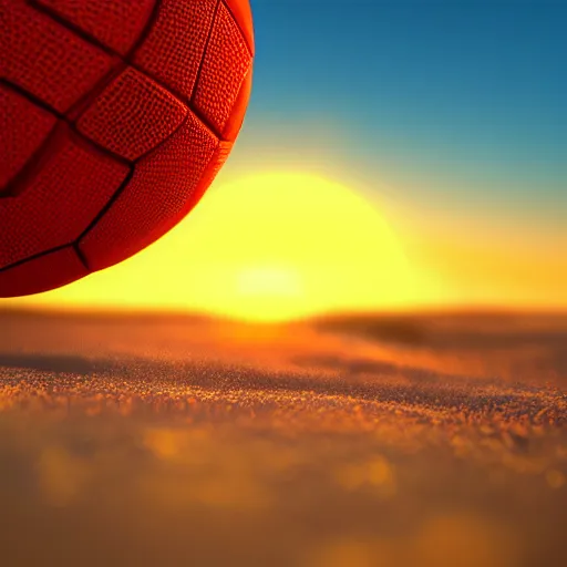 Prompt: a closeup photorealistic photograph of a red and blue soccer ball on the beach with a sunset, fantastic four theme.. bright scene. fine detail. this 4 k hd image is trending on artstation, featured on behance, well - rendered, extra crisp, features intricate detail, epic composition and the style of unreal engine.
