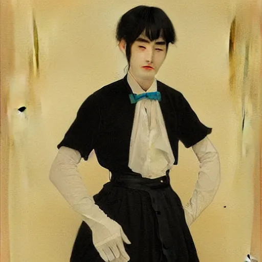 Prompt: full body painting of grumpy handsome thin beautiful man in his 2 0 s named min - jun in a french female maid outfit, modern clothing, elegant, clear, painting, stylized, delicate facial features, stylized thin lines, soft but grumpy, highly detailed, art, art by egon alphonse yamamoto