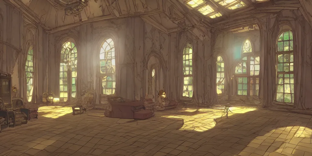 Image similar to kingdom hearts twilight town mansion interior, nostalgic abandoned, sunlight streaming through the windows