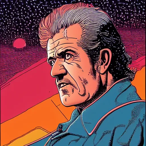 Image similar to mel gibson retro minimalist portrait moebius starwatcher comic by jean giraud, 8 k