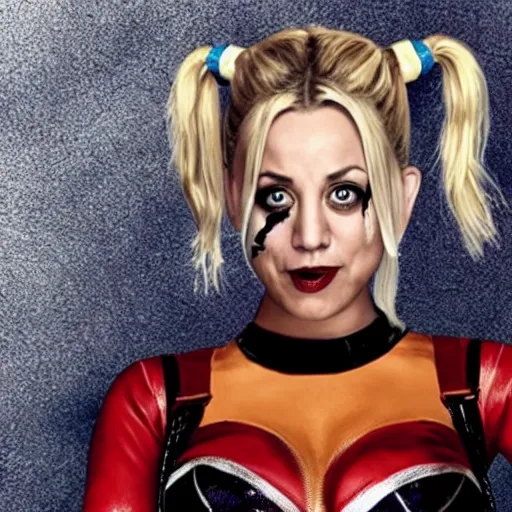 Image similar to A still of Kaley Cuoco as Harley Quinn