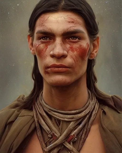 Prompt: an old sioux warrior, scars on his face, oil on canvas, artstation, by j. c. leyendecker and edmund blair leighton and charlie bowater, beautiful face, octane, very aesthetic!!!!!!!!!!!!!!! stunning gorgeous big eyes