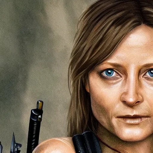 Image similar to jodie foster as lara croft, 8 k, realistic, high detail, hd face