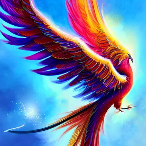 Prompt: cute flying chinese phoenix, sparkling bird eyes, embers in her bird eyes, shining rainbow feathers, sharp features, flowing fiery multicolor feathers, highly detailed, digital painting, artstation, concept art, smooth, sharp focus, beautiful rainbow feathers, expressive eyes, illustration, phoenix art by Artgerm and greg rutkowski