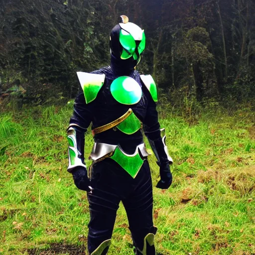 Image similar to High Fantasy Kamen Rider, glowing eyes, 4k, forest plains of north yorkshire, daytime, chainmail rubber undersuit, segmented armor, dark blue armor with green secondary color, tokusatsu