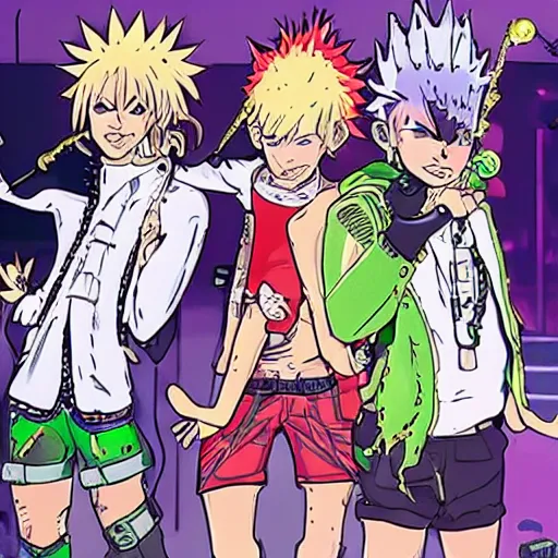 Prompt: sparkly futuristic greasy punk goblins with spiky clothing getting gold, anime