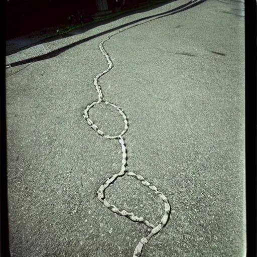 Prompt: wide-shot, low-angle eyesight, first-person!! chain of cat paw prints on fresh cement at the street, polaroid photo, by Andy Warhol