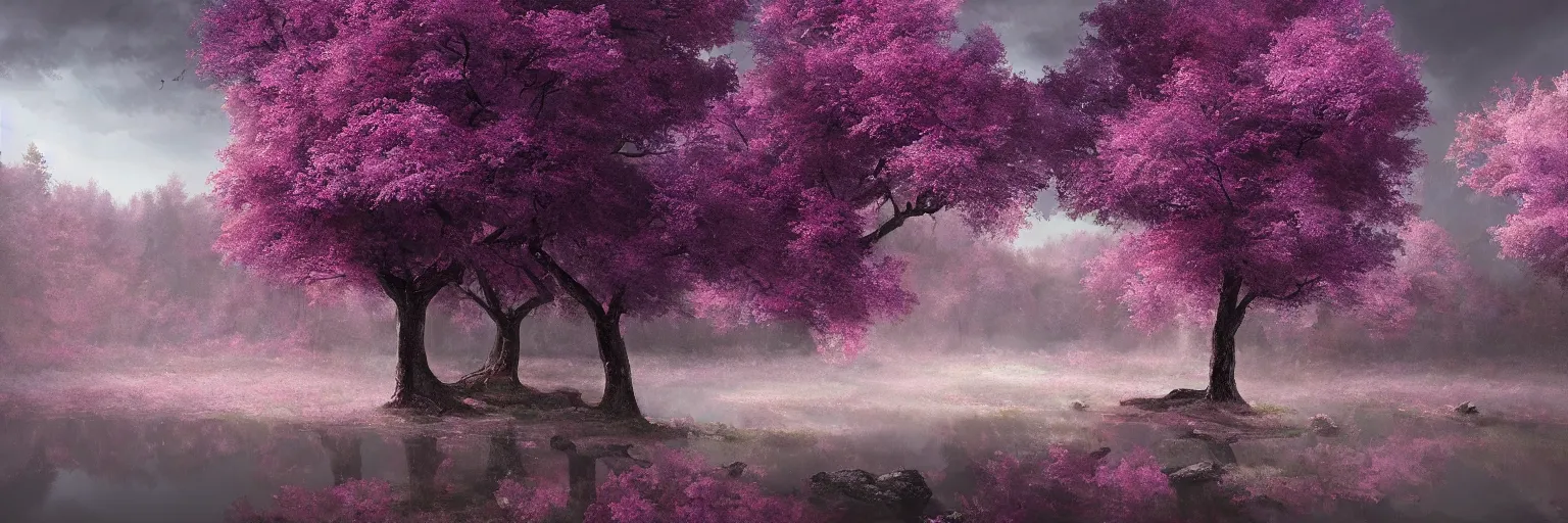 Prompt: michal karcz painting of a beautiful landscape. , purple trees, detailed, elegant, intricate, 4k,