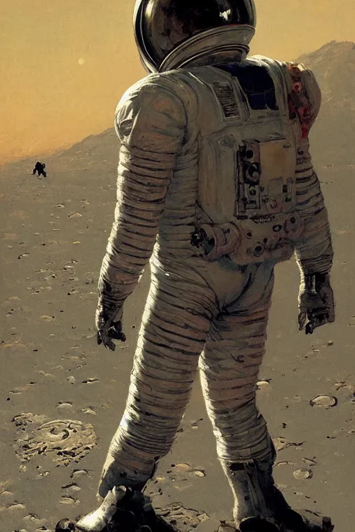 Image similar to fan astronaut stands on the surface of the moon, by norman rockwell, jack kirby, jon berkey, earle bergey, craig mullins, ruan jia, jeremy mann, tom lovell, marvel, astounding stories, 5 0 s pulp illustration, scifi, fantasy, artstation creature concept