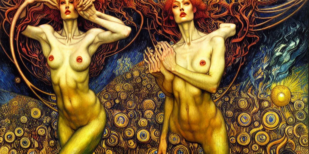 Image similar to Divine Chaos Engine by Karol Bak, Jean Delville, William Blake, Gustav Klimt, and Vincent Van Gogh, symbolist, visionary