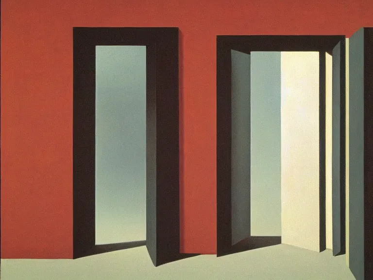 Image similar to an open door to infinity in brick wall with endless hallway inside the door, painting by rene magritte, centered, high detail!!!, high resolution!!!